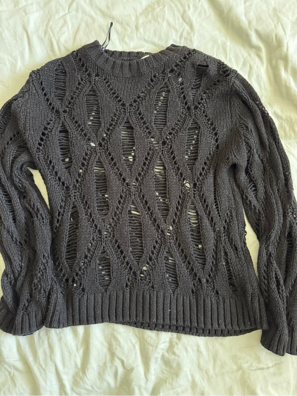 Divided Black Open-Knit Diamond Pattern Sweater